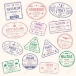 Vector icons of travel city passport stamp Passport travel stamps icons with city names Jerusalem, Hong Kong, Sydney, Amsterdam and Zagreb, Paris or Havana, Beijing or Madrid and Moscow. Vector isolated set of country migration arrival entry